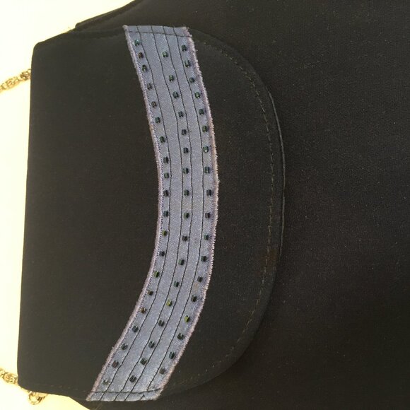 Champagne Itlay evening bag \ crossbody navy blue chain silver 9" tall - Picture 2 of 5